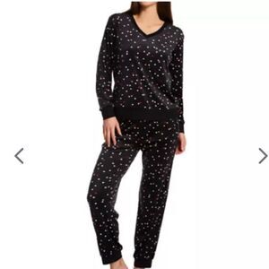 Kate Spade New York V-Neck Stretch Velour PJ Set Black Polka Dot M NWT in packag